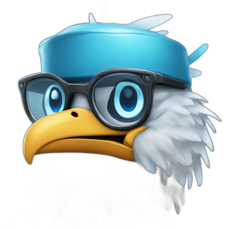 Crazy funny Cyberpunk Articuno head with beautiful smile wearing glasses and hat emoji