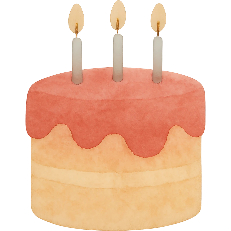 large red and yellow birthday cake with three candles, watercolor style, no background emoji
