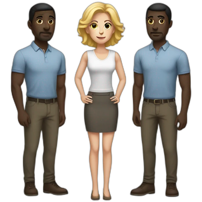 six dark-skinned men stand behind a pale woman emoji