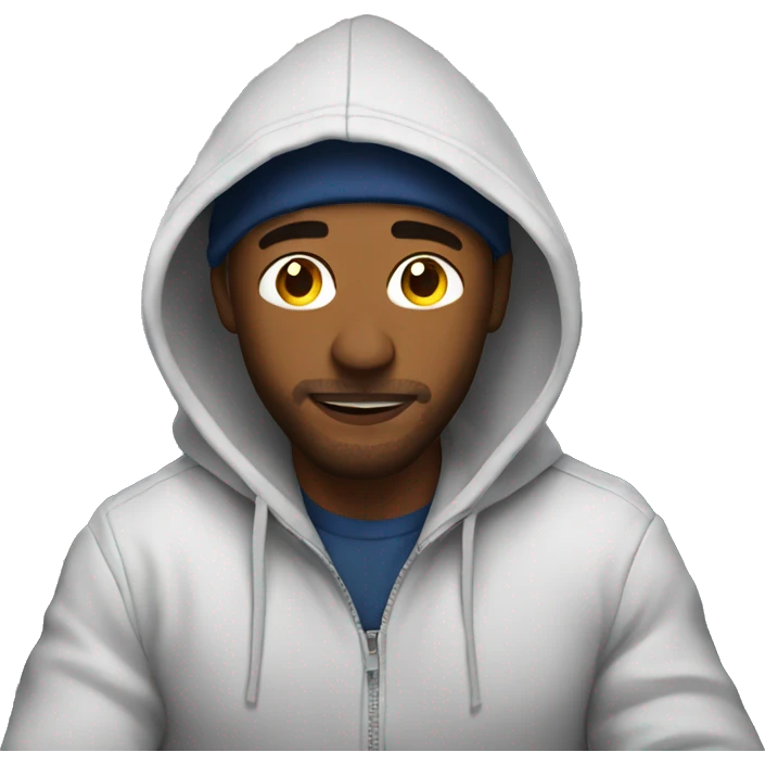 Man, flying on an airplane wearing a hoodie emoji