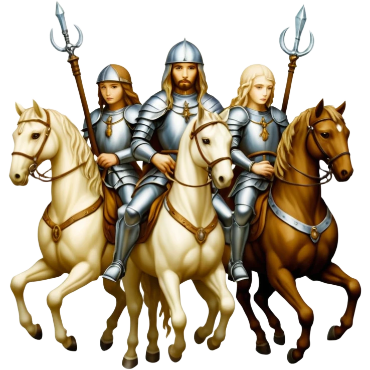 aesthetic shiny glowing divine lighting, oil paint - ivory The Four Horsemen of the Apocalypse, based on a graphic by Albrecht Dürer emoji