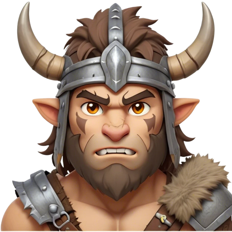 Clash of Clans aesthetic friendly Barbarian Portrait Emoji, Poised and bold with a rugged yet cartoonish build in tattered furs and a horned helmet, his face rendered in a natural skin tone (not yellow), expressive bright eyes and a confident smirk, Simplified yet dynamic features, highly detailed, glowing with a vivid, adventurous aura, high shine, heroic and spirited, stylized with an air of medieval warrior charm, focused and energetic, soft glowing outline, capturing the essence of a fearless barbarian adventurer ready to lead his clan with spirited valor! emoji
