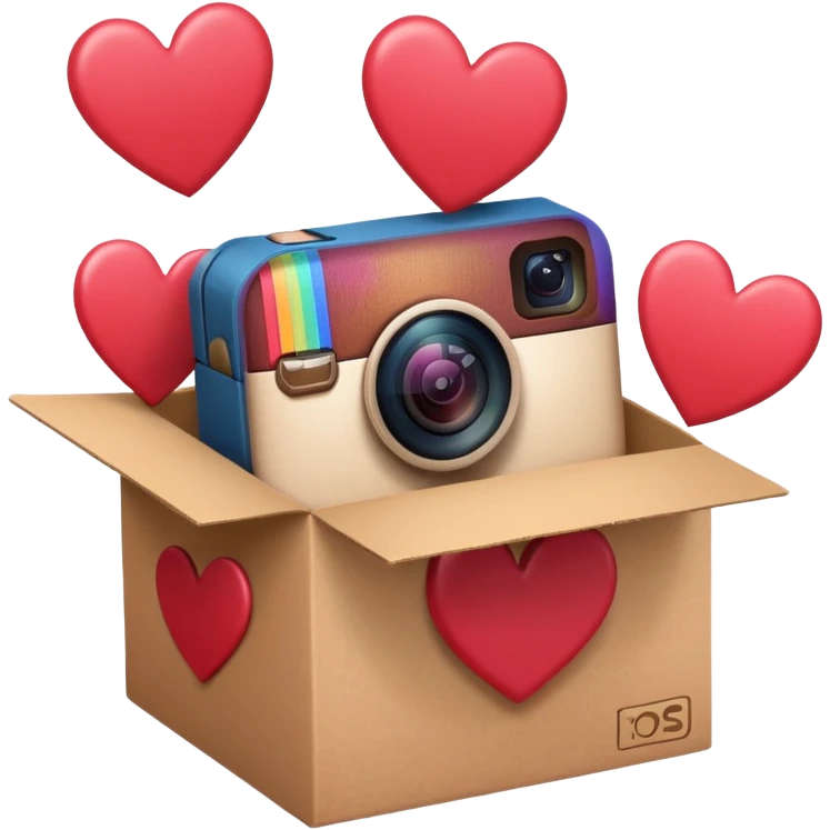 a box with an instagram logo on its face,  open with swipe files inside and hearts, likes  emoji