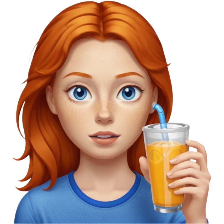 ginger woman sipping energy drink blue eyes emoji