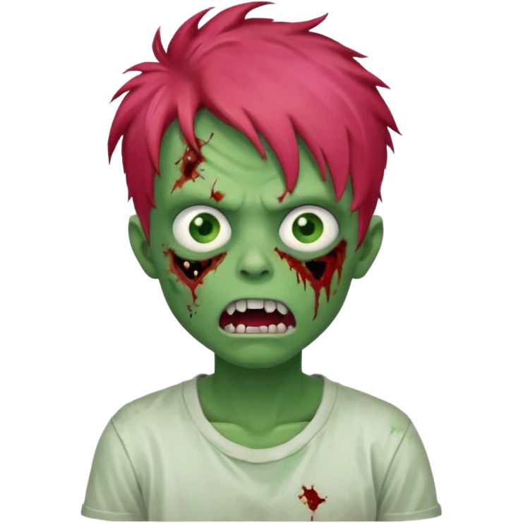 Boy, zombie, red messy hair, green skin, pink eyes, white t-shirt, open mouth with crooked teeth, tired expression. emoji