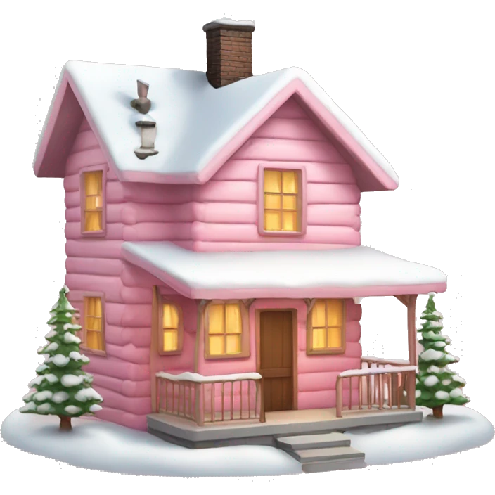 light pink cabin with snow with lights with smoking chimney and pink christmas tree emoji