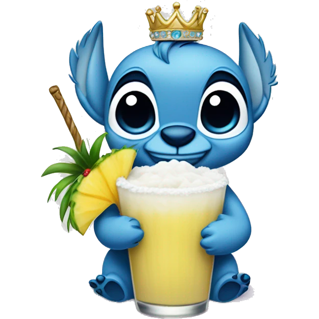 Stitch holding a pina colada with a tiara and tutu emoji