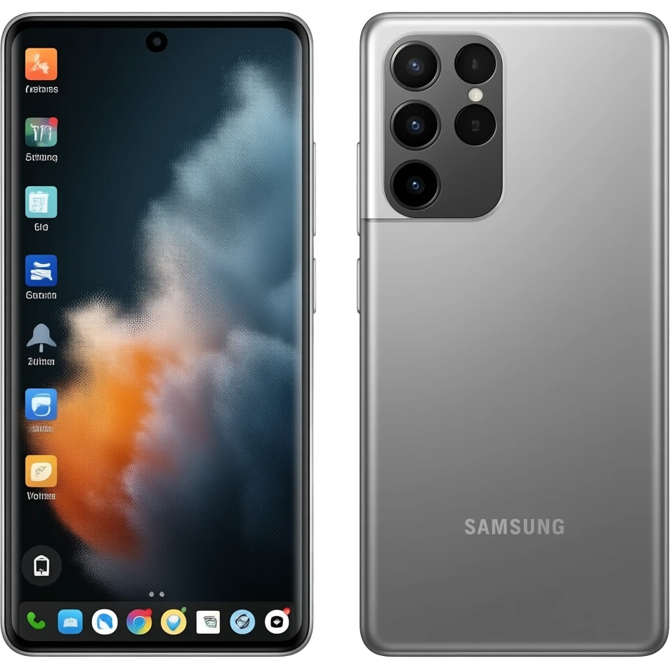 Самсунг Galaxy S26 Ultra - вид только спереди экран светлый с рабочим столом сзади телефона ничего emoji