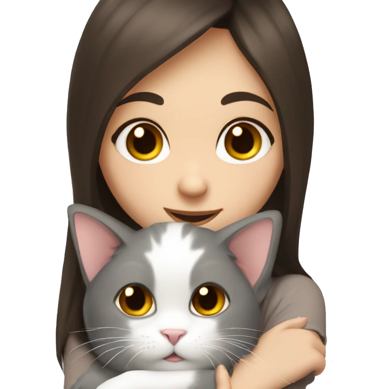 Brown-eyed brunette girl holds fluffy grey with white cat spots in cuddle emoji