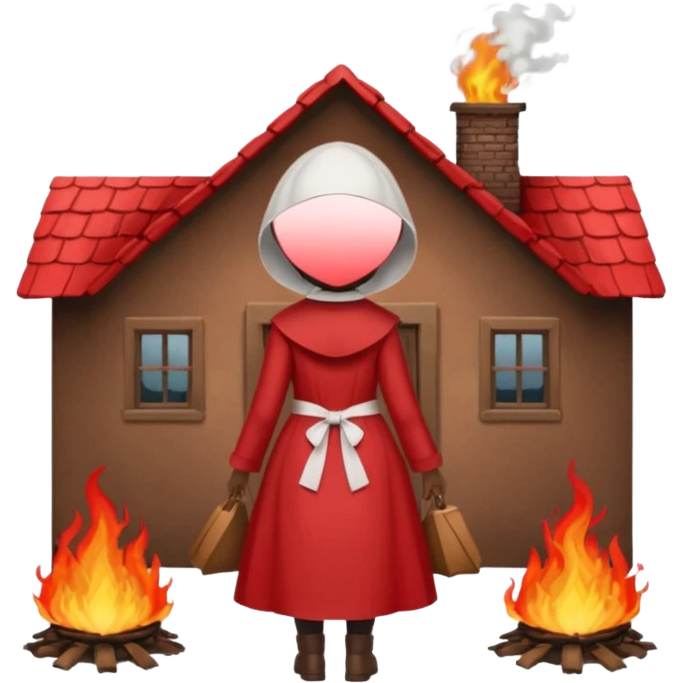 handmaids tale style woman burning house down walking away from house. shes wearing the nun hands maid tale hat cant see her face with brown hair shes wearing the red handmaids tale costume with white bonnet emoji