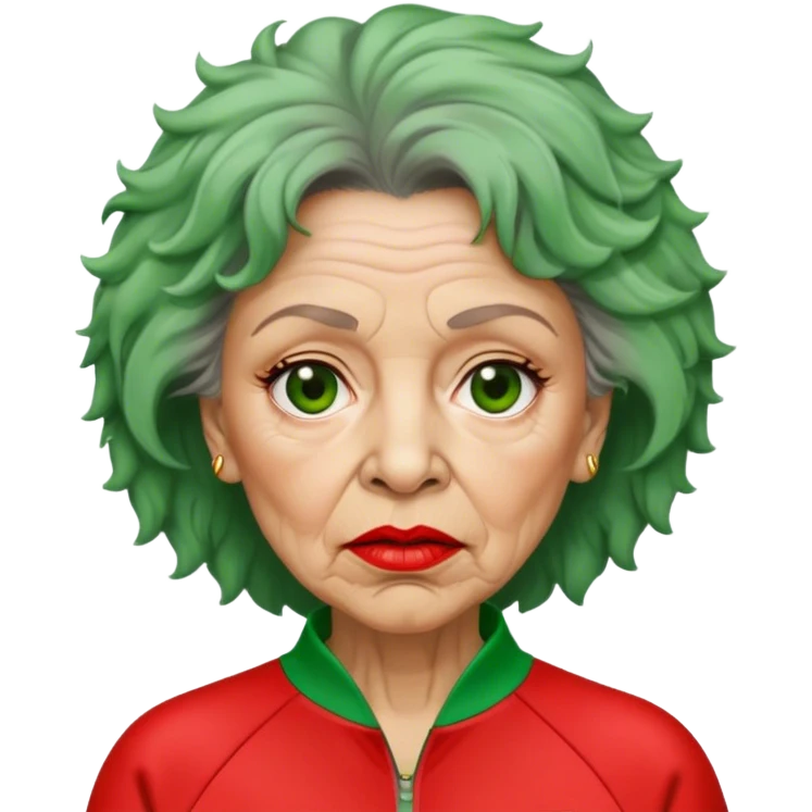 Han Mi-nyeo : Age: Late 60s
Appearance: A middle-aged woman with wrinkles, frizzy, messy brown hair and dramatic red lipstick.
Outfit: Green player tracksuit emoji