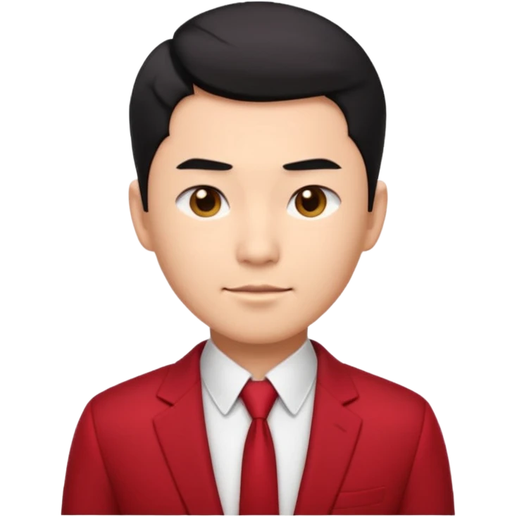 cool handsome Asian man emoji, short black hair styled with exposed forehead, natural slick hairstyle, sharp facial features, fair skin, confident eyes, subtle smirk, wearing dark red suit and white shirt with top buttons undone emoji