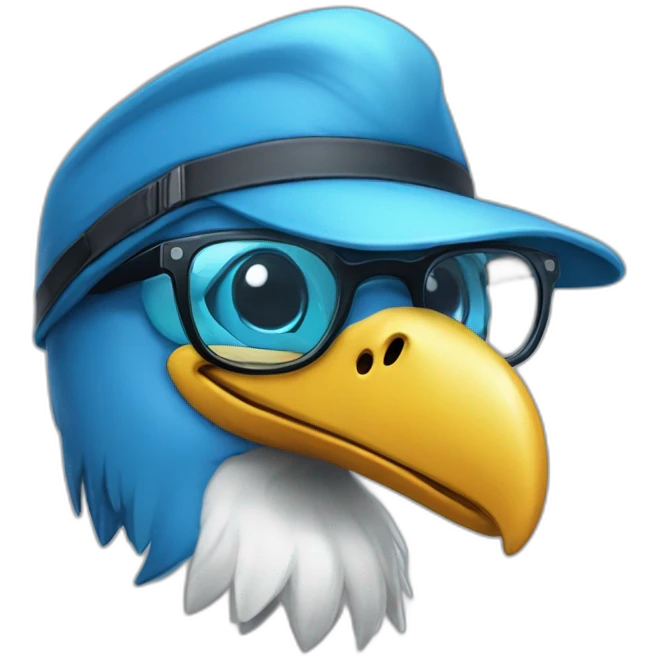 Crazy funny Cyberpunk Articuno head with beautiful smile wearing glasses and hat emoji