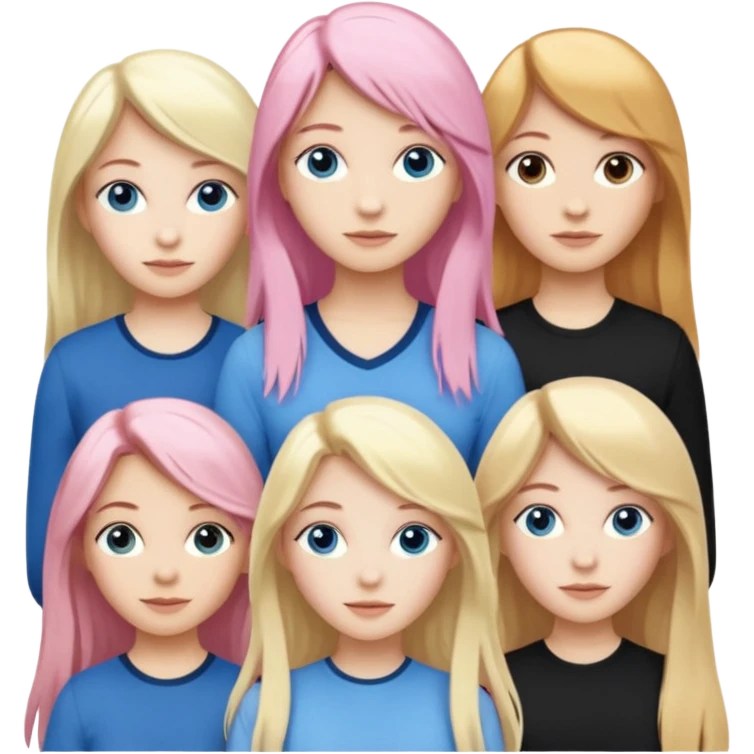 Girlfriend emoji - include 1 white girl with long light pink hair and blue eyes, 1 white girl with brown eyes and medium honey blonde hair, and 2 white girls with brown eyes and long dark brown hair, 1 white girl with blue eyes and light blonde hair,  emoji