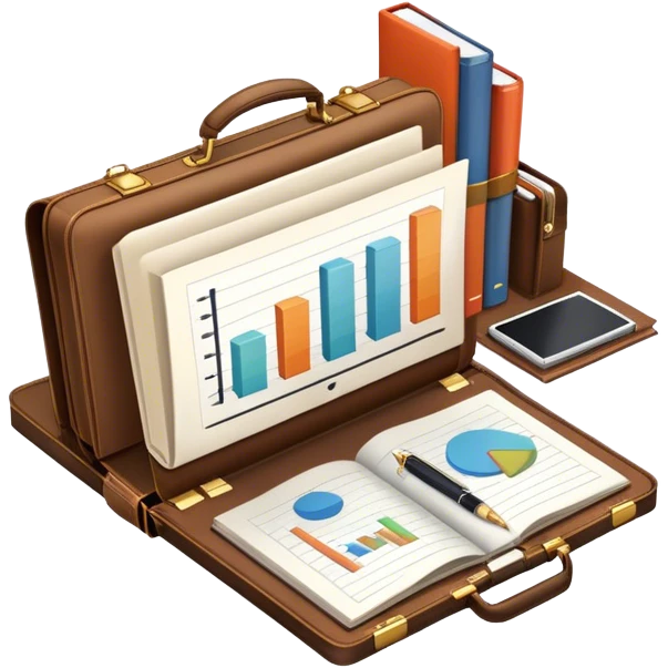 Icon for Business Reading: a prominent open book in the foreground with a briefcase, a laptop and a notepad around it, with a bar graph symbolizing ideas and growth. The icon should represent the knowledge and strategy of business literature. Transparent background. emoji