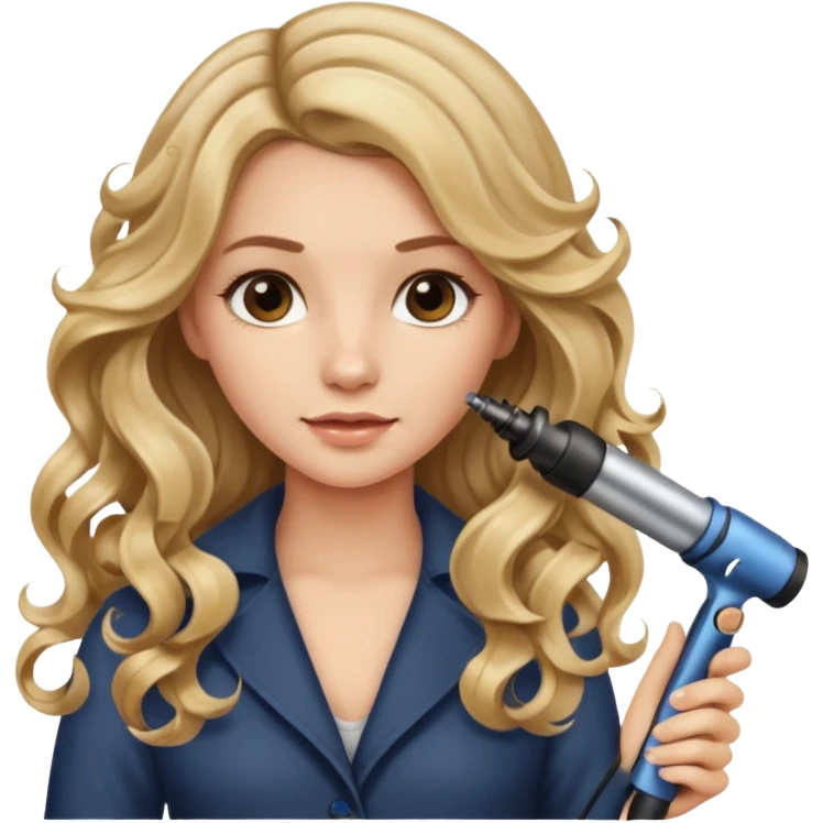 pretty girl with long wavy dirty blonde hair holding a curling iron, curling her hair  emoji