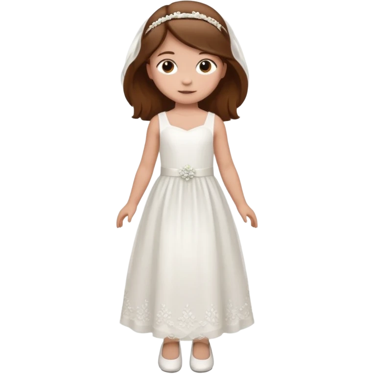 Niña pelo castaño, vestido boda, 5 años cuerpo entero, zapatos emoji