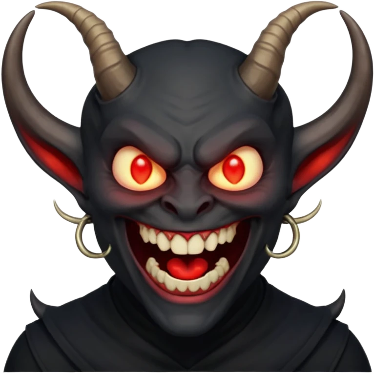 “Scary demon emoji, evil human-like laugh, black clothes, big curved horns, glowing red eyes, upper body visible till chest, dark mood, high detail, emoji style, clean background” emoji