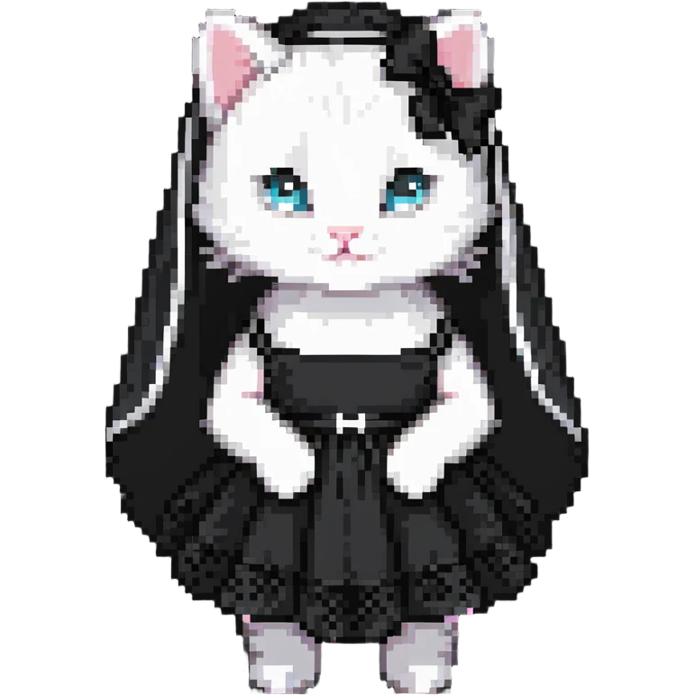 white baby cat wearing a black mini dress and black veil emoji