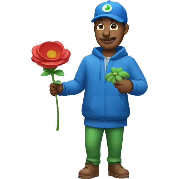 a man with luigi cap and blue clothes holds a flower emoji