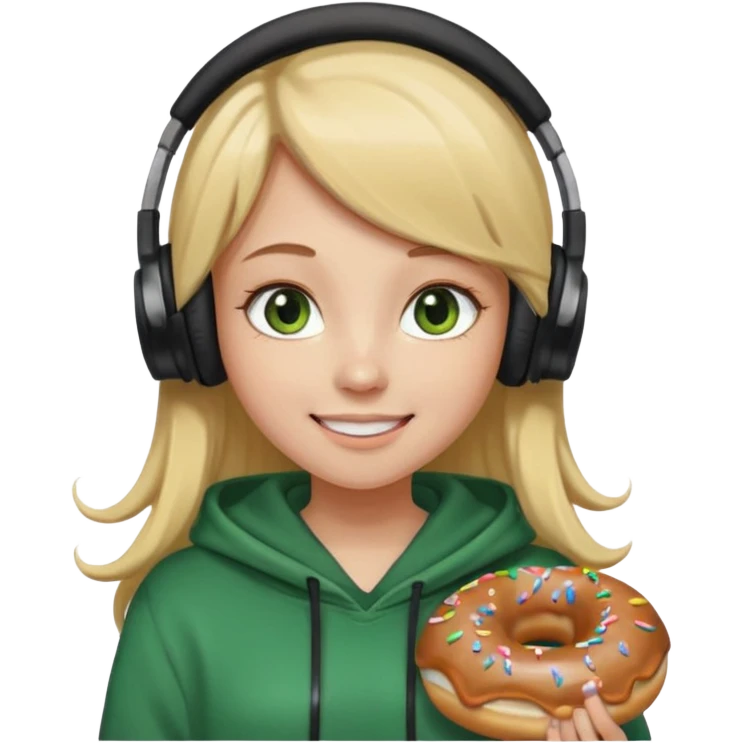 a girl with long brown hair blonde ends green and wearing black headphones she is wearing a cream coulor baggy hoddie she is happyish holding a donut emoji