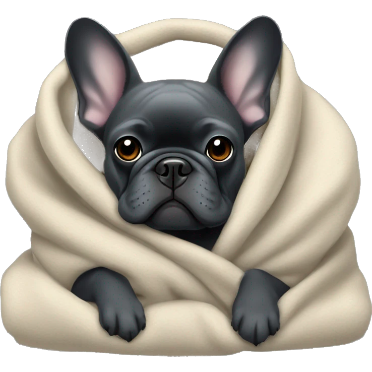 A dark grey French bulldog in a soft blanket emoji