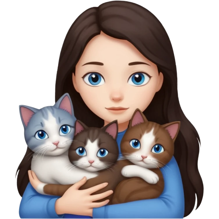 a girl with long dark 
brown hair, with blue eyes, hugs 3 different natural coloured cats emoji