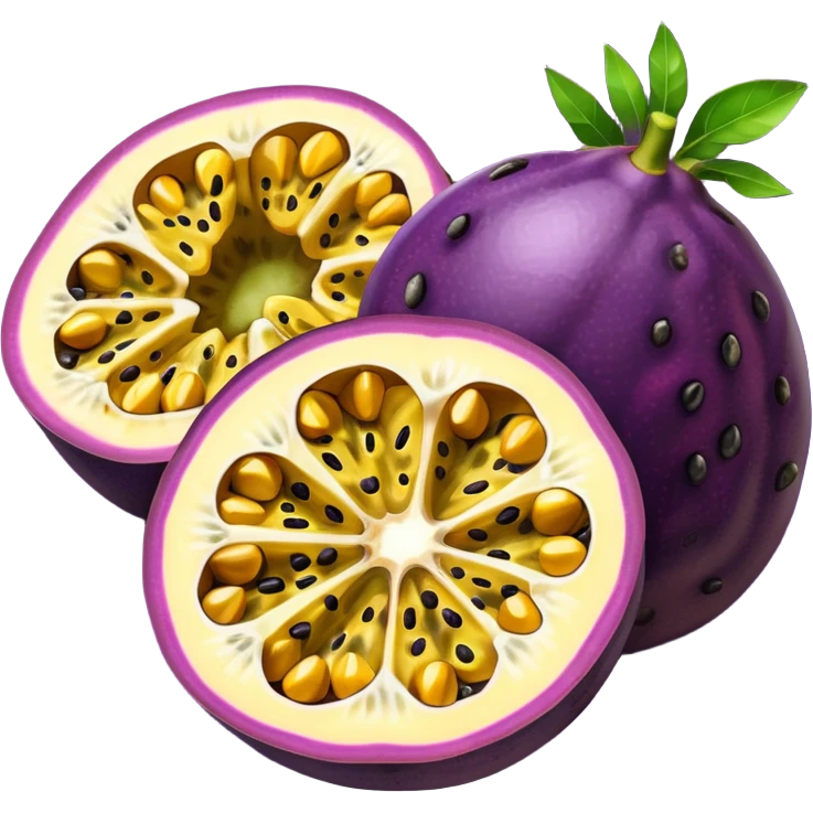 whole round purple passion fruit with slightly wrinkled matte skin next to a halved piece exposing vibrant yellow pulp filled with glossy black seeds juicy jelly-like texture bold contrast between rind and interior no leaf spoon or extras soft lighting subtle shadows emoji scale emoji