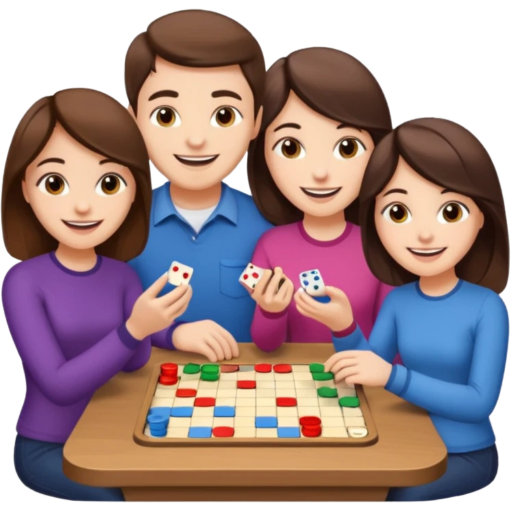 2 male and 2 female brunette friends playing board game emoji