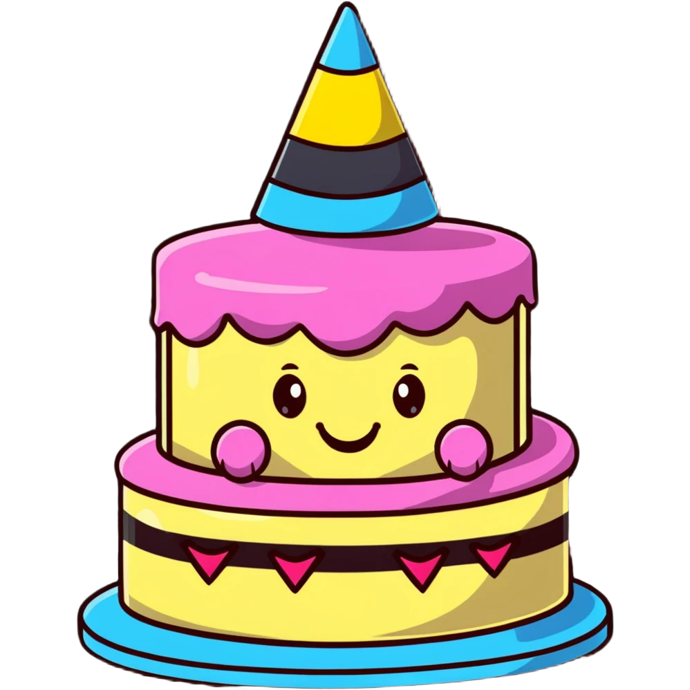 cute birthday cake with smiling face and party hat emoji
