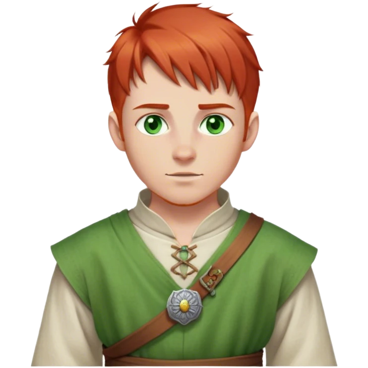 medieval spring outfit worn by a DnD themed fantasy male character. fine linen tunic with a buttoned neckline and a sash tied loosely at the waist. clothes only above the waist. The clothes full waist. The character's haven't arms. character is white-skinned, red hair, green eyes, short straight hair. emoji