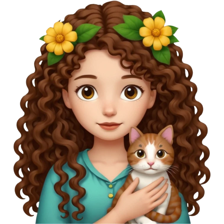 Girl with long curly hair holding cat With flower in hair  emoji