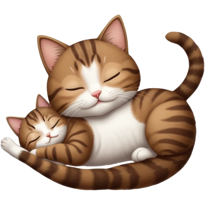 dark brown tabby and white small cat in funny positions upside down with eyes closed emoji