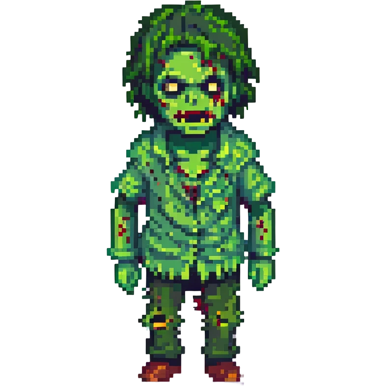 homem zumbi, estilo pixel art, pele verde, olhos brancos, roupas rasgadas emoji