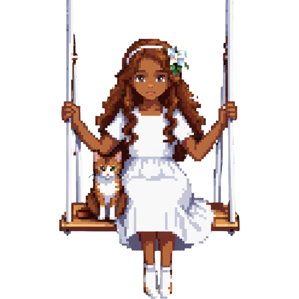 beautiful girl with curly long brown hair in a white dress holding an Abyssinian cat with reddish-brown fur, sitting on a swing emoji