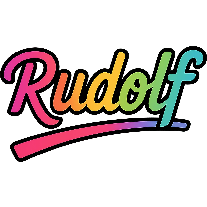 modern colorful gradient typography of the name Rudolf with dark outline, dynamic slanted or partial underline, transparent background, in the style of reference patterns emoji
