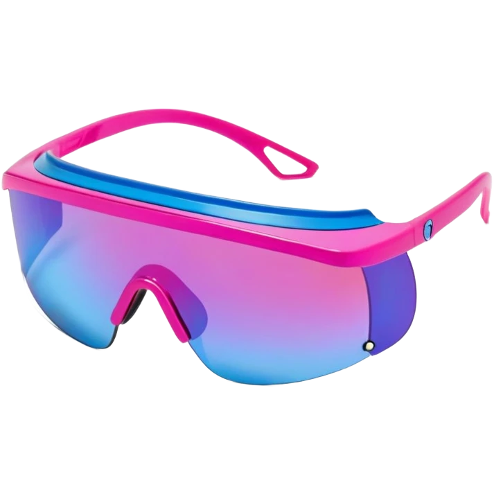 sporty neon hot pink shield visor sunglasses with extra thick frame and integrated strap, heavy-duty build, one-piece mirrored lens with blue reflection emoji
