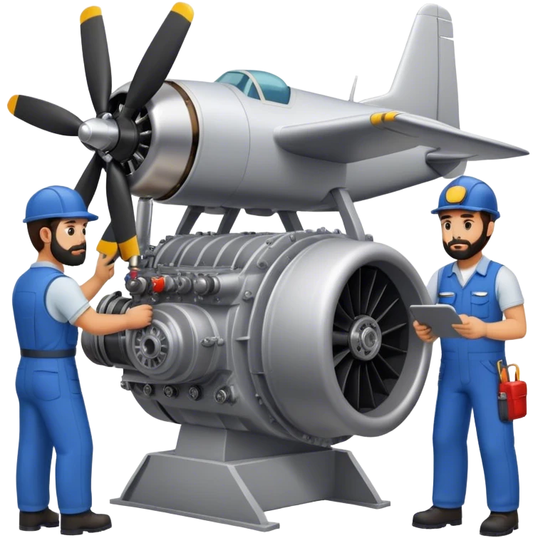 tan guy with black beard building a plane engine with his coworkers emoji