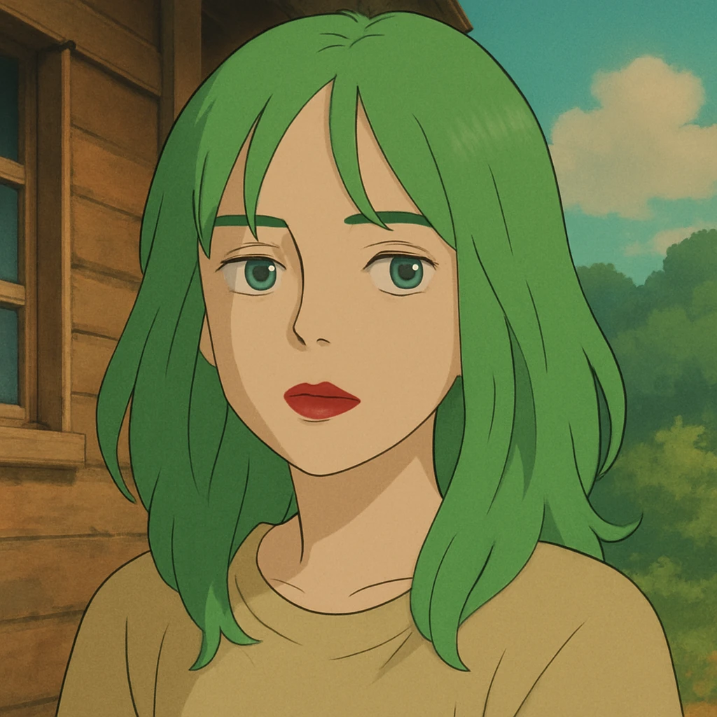 girl with green hair like Billie Eilish and red lipstick, ghibli style emoji