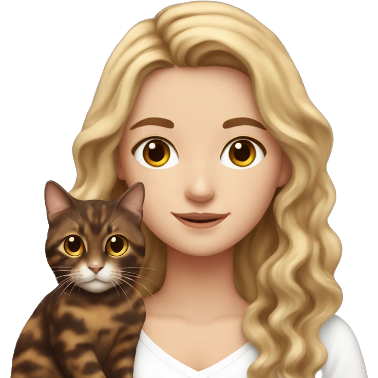 White girl with brown long wavy hair holding a tortoiseshell cat emoji