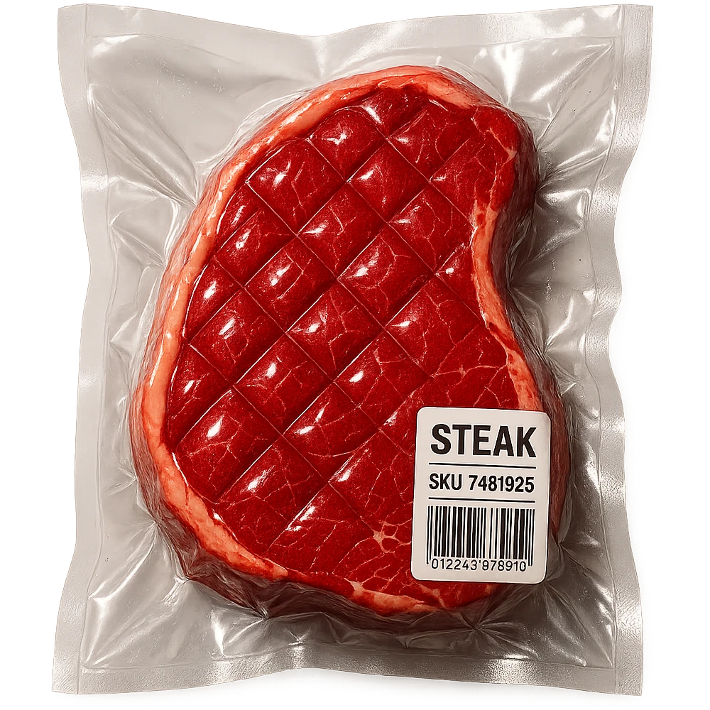 diamond-textured meat steak, shiny and inflated, vacuum-sealed style emoji