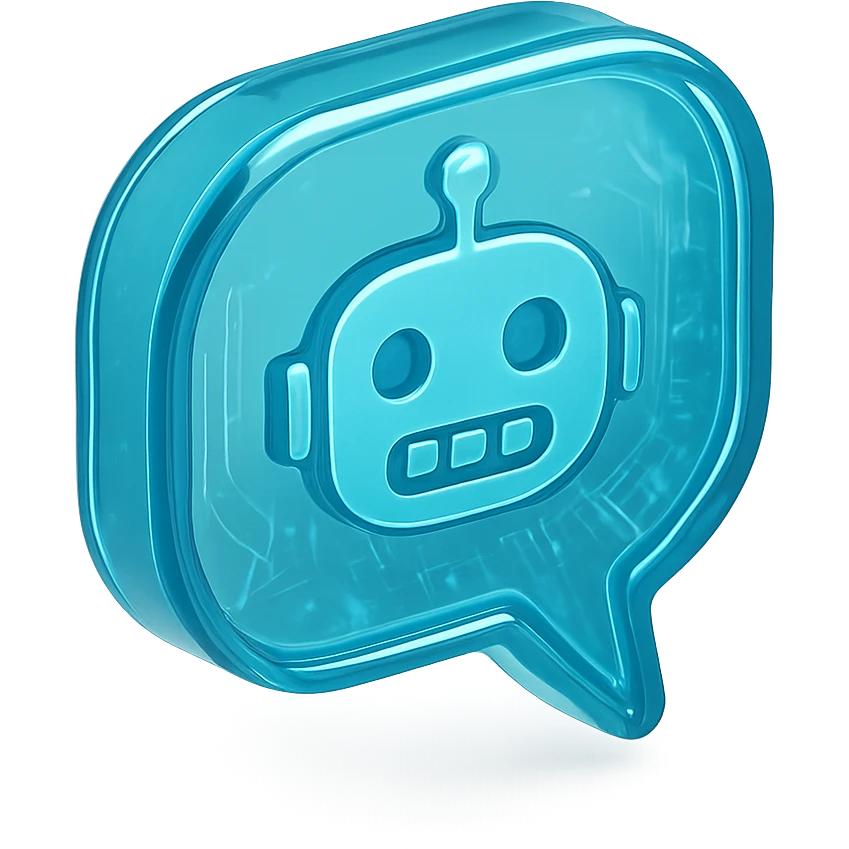 Icon of a speech bubble with a robot face, cyan blue emoji