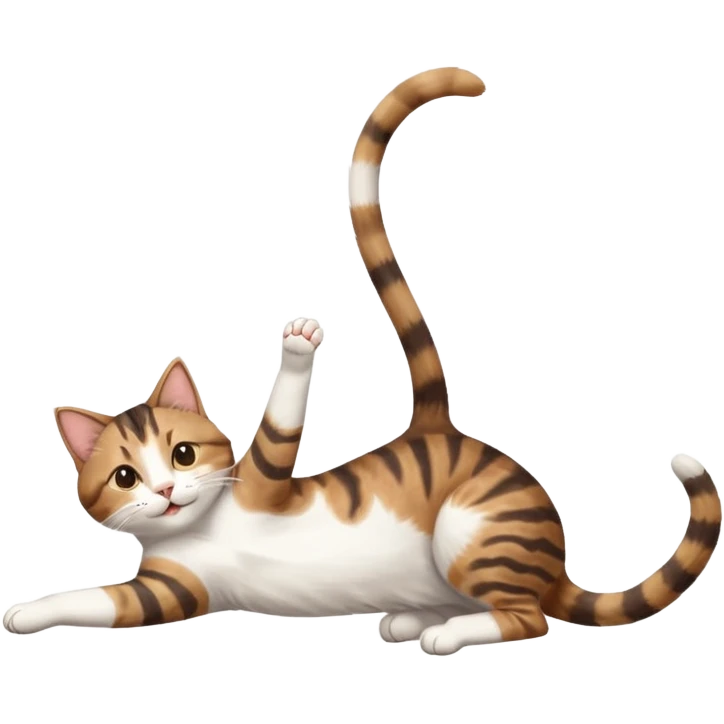 brown tabby and white cat with doing a big extremely long stretch reaching up into the air with arms and legs side by side together straight and overextended whilst lying on its side emoji
