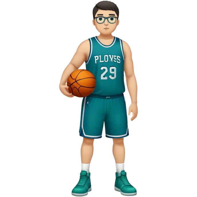 Full Body plus size white male with dark short hair basketball player wearing glasses wearing blue green uniform emoji