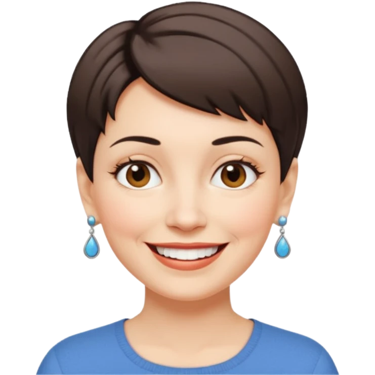 middle-aged woman with short hair, white skin, small earrings, smiling, lots of personality emoji