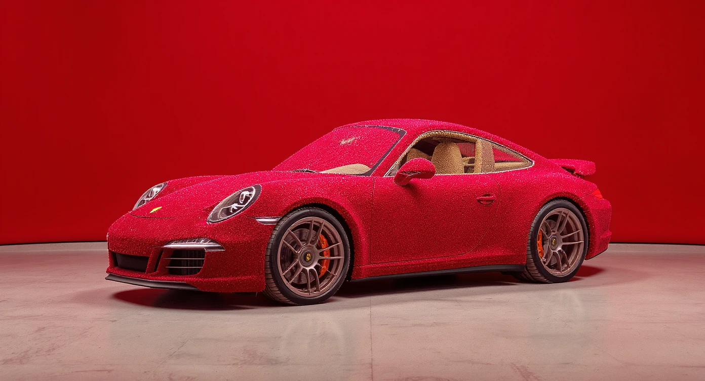 Medium shot of a porsche 911 made of carpet, red solid studio background, top soft light emoji
