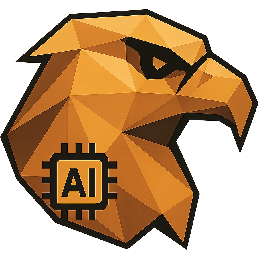 Update the mini icon version of the polygonal eagle head to feature a different AI symbol. Replace the neural network or speech bubble with a subtle AI chip or circuit board motif integrated into the eagle design, keeping the background fully transparent. Maintain the modern and intelligent polygonal style. emoji