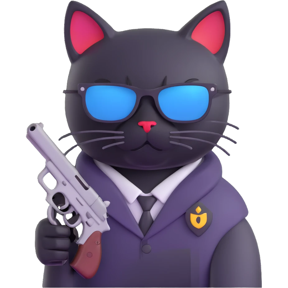 black cat with sunglasses and a gun emoji