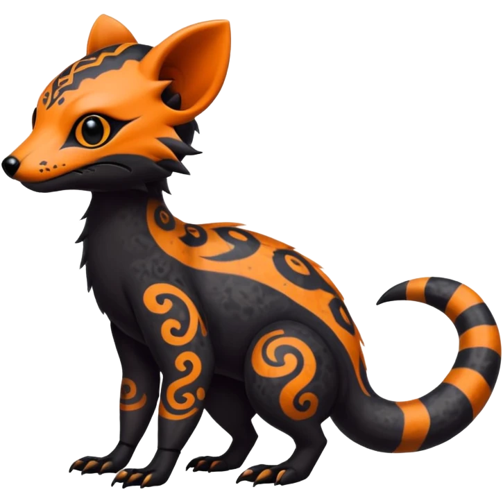 Rare warm-colored exotic gloomy tropical edgy cute epic aesthetic spooky  gothic colorful Salandit-Noibat-Civet-species-Fakemon-hybrid-creature, with tribal tattoo markings, full body emoji