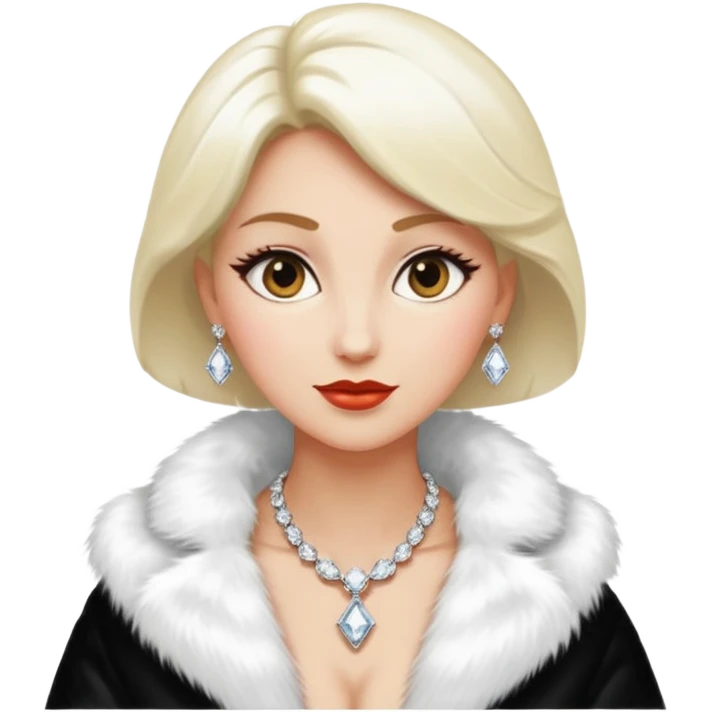 * Character: A stylish lady
* ﻿﻿Clothing: A luxurious white fur coat
* ﻿﻿Accessories: A dazzling diamond necklace
* ﻿﻿Expression: Confident, elegant, maybe slightly glamorous
* ﻿﻿Pose: Head slightly tilted or a poised posture
* ﻿﻿Style: Emoji-like, simple but expressive emoji